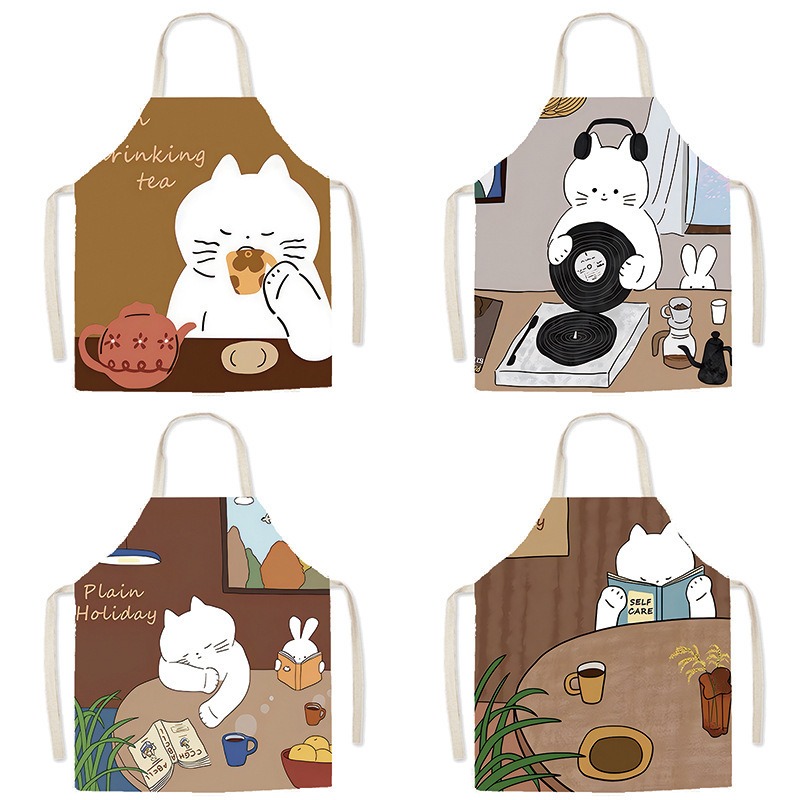Cute White Cat Printed Apron C - Home Cooking For Cats 评论和价格